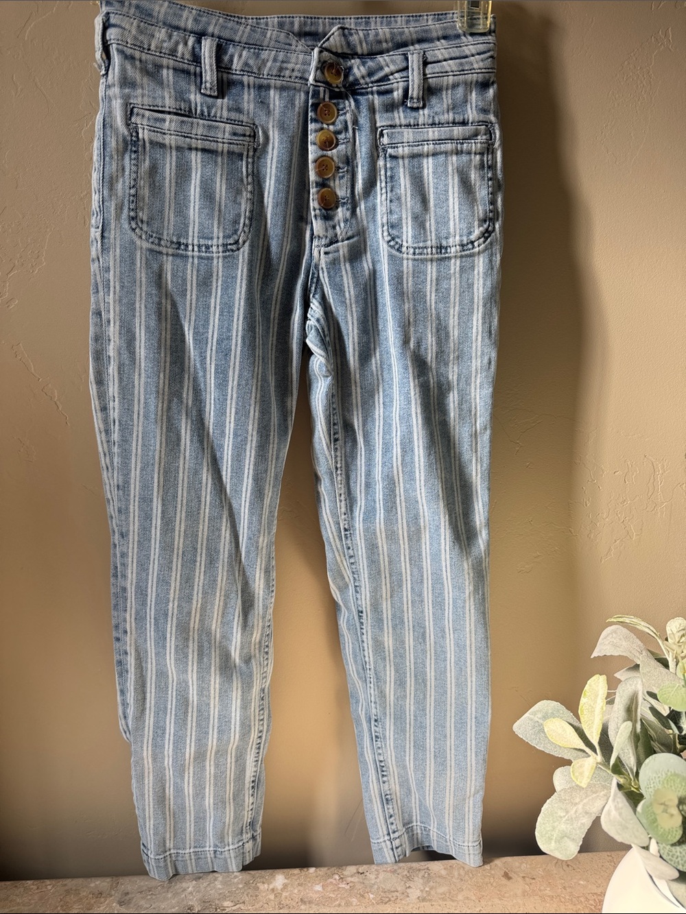 Pilcro and the Letterpress Light Blue Striped Capri Jeans